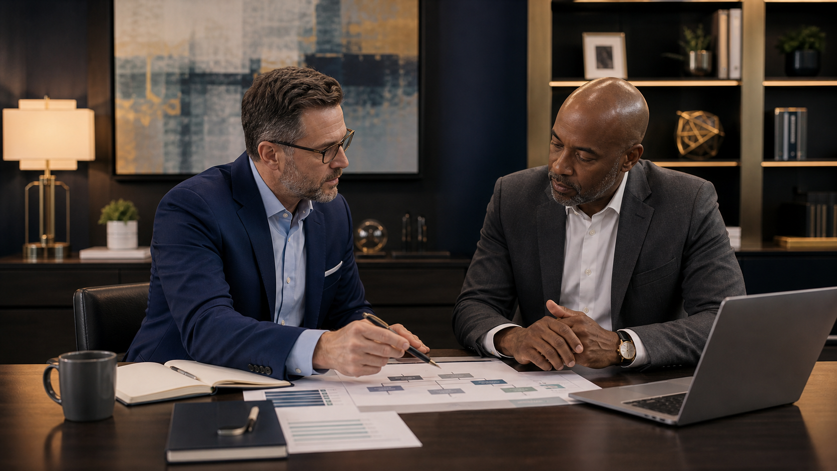Executive advisor reviewing management structure with client leader