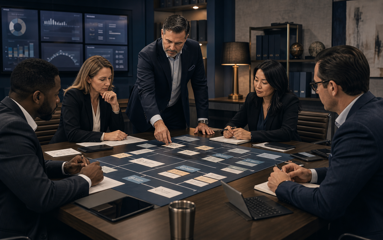 Leadership team reviewing management system plan